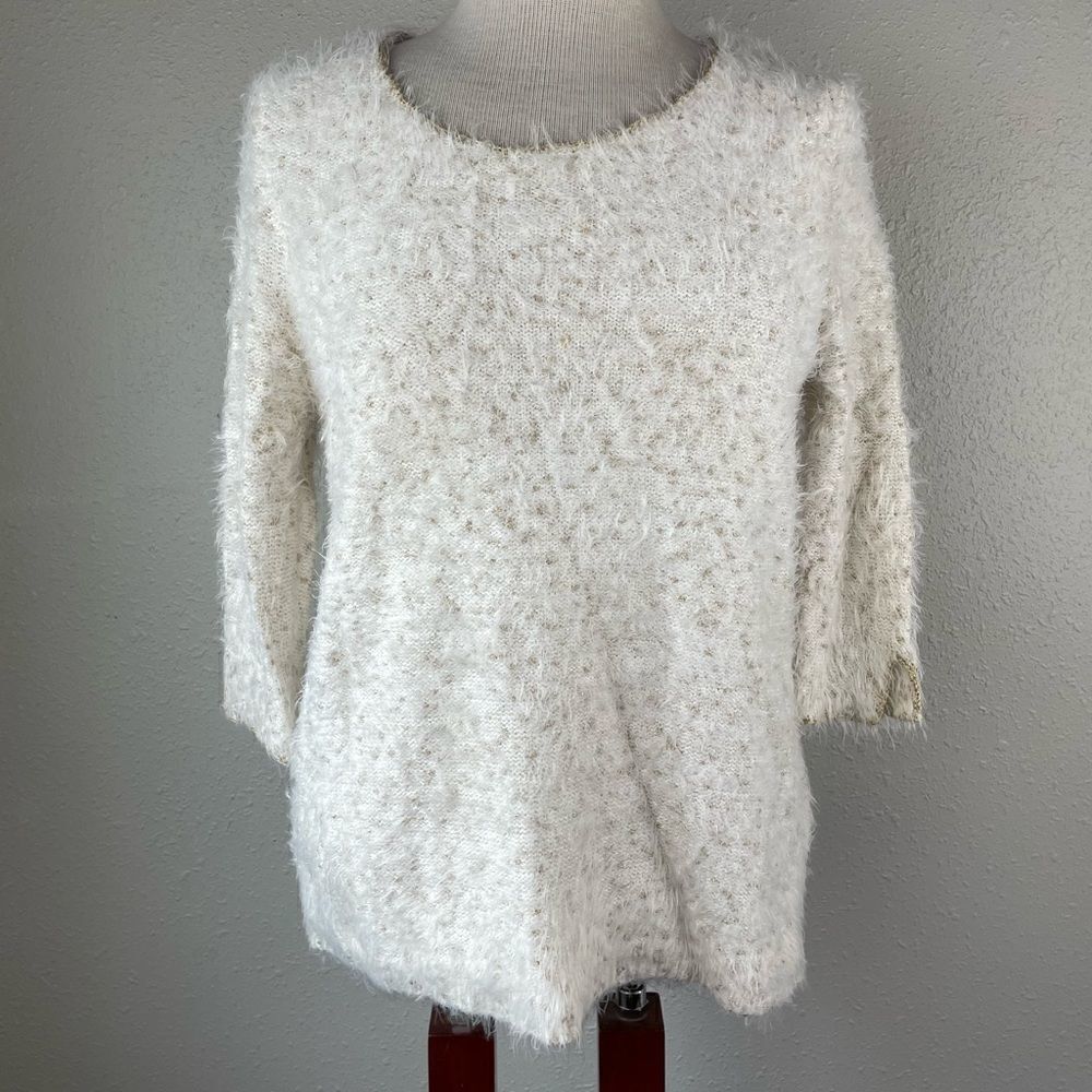 Chicos Fuzzy Gold Metallic Sweater Top Size 1P EUC